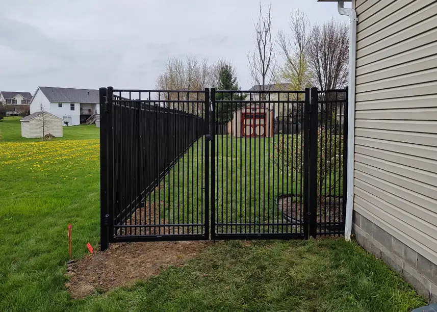 4 rail black aluminum double gate with double picket spacing